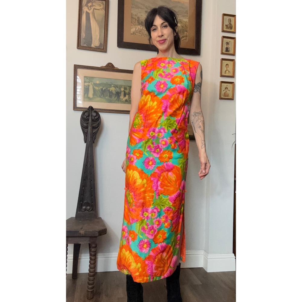 Vintage 60s McInerny Hawaiian Casuals Maxi Dress Psychedelic Floral day glo